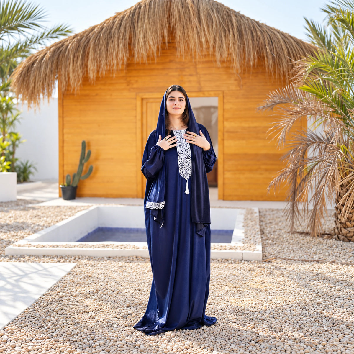 Tallah Navy, embroidered front Velvet Isdal with matching veil, product view 1.