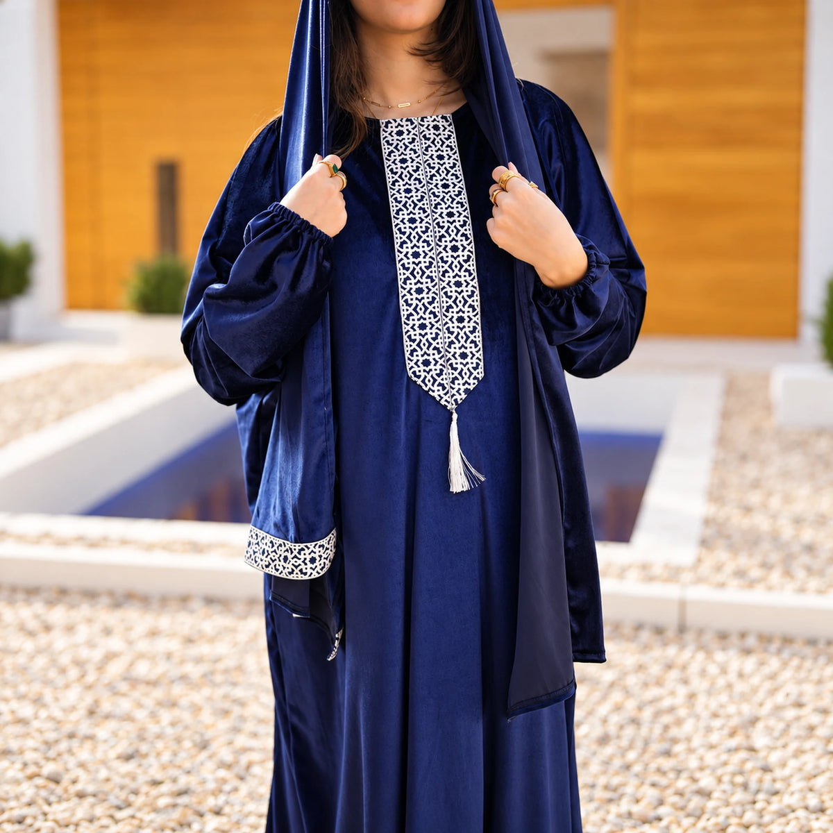 Tallah Navy, embroidered front Velvet Isdal with matching veil, product view 5.