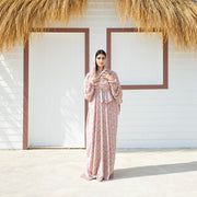 Tallah Pink & grey, geometric print Velvet Isdal with matching veil, product view 1.