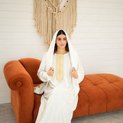 Tallah White, gold embroidered front Velvet Isdal with matching veil, product view 1.