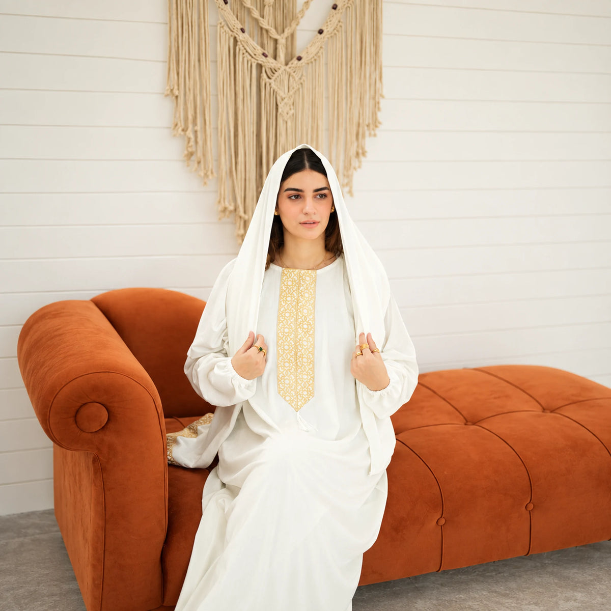 Tallah White, gold embroidered front Velvet Isdal with matching veil, product view 1.