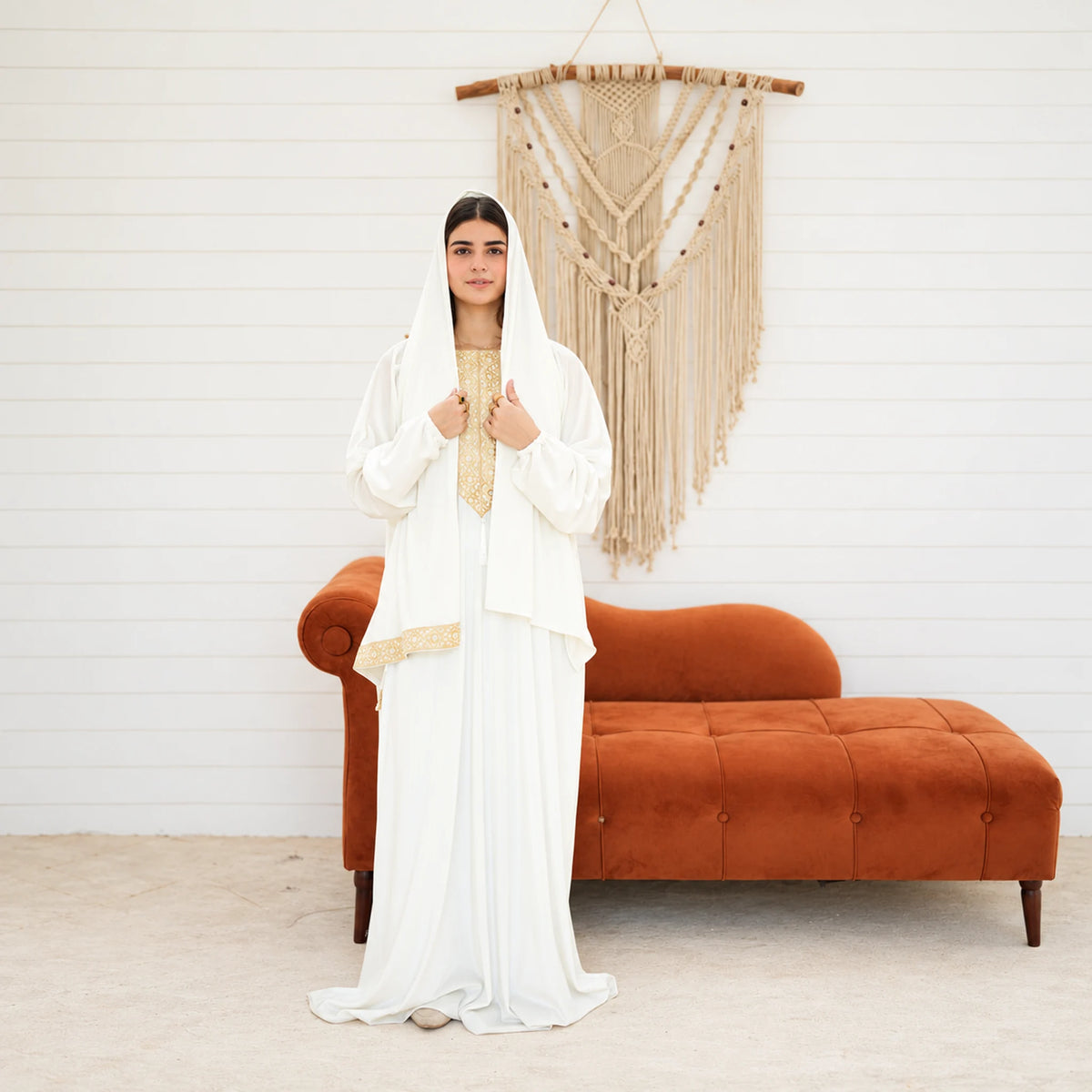 Tallah White, gold embroidered front Velvet Isdal with matching veil, product view 2.