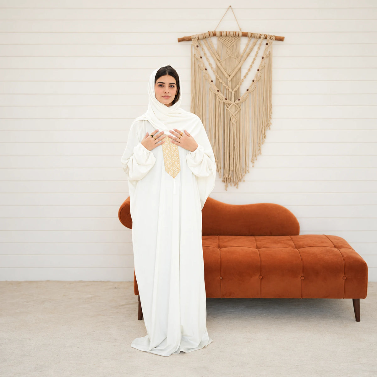 Tallah White, gold embroidered front Velvet Isdal with matching veil, product view 3.