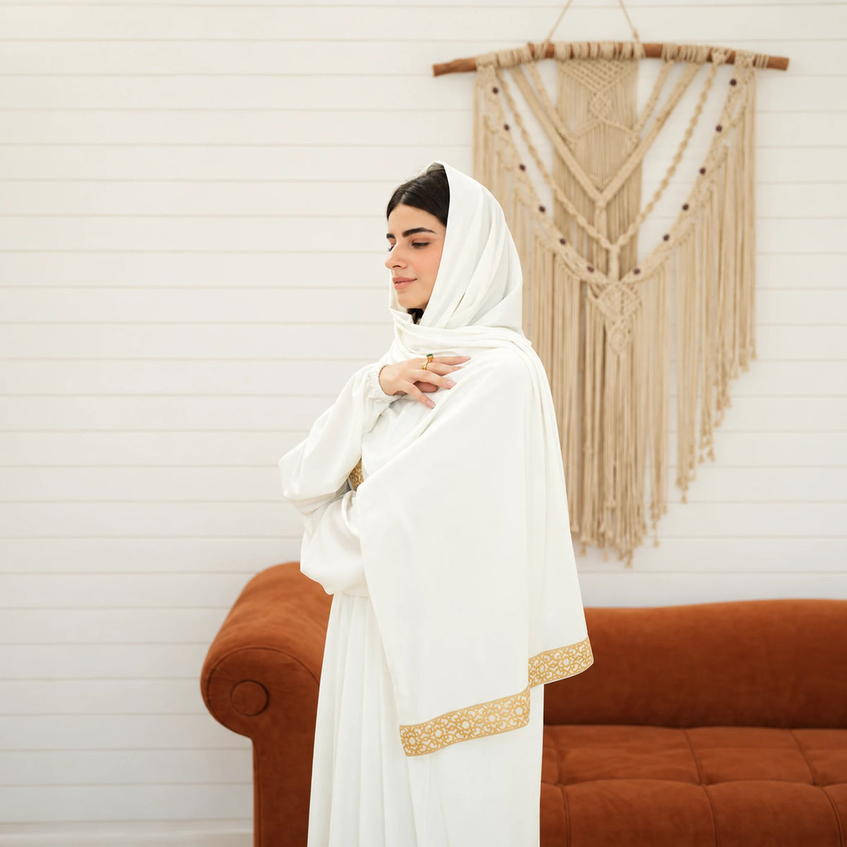 Tallah White, gold embroidered front Velvet Isdal with matching veil, product view 4.
