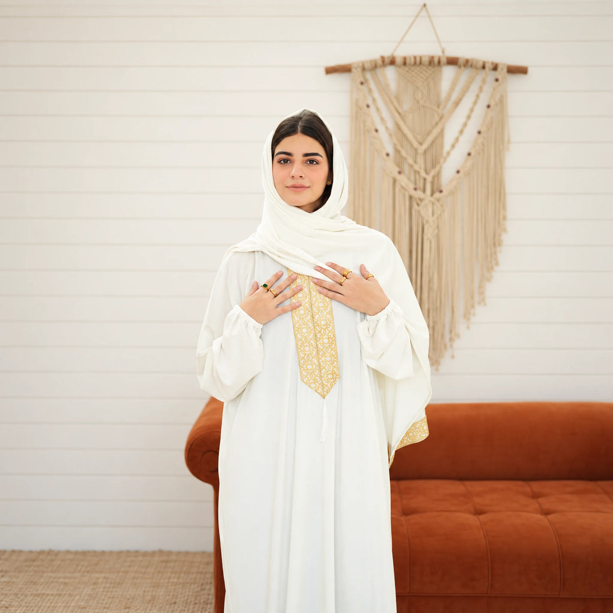 Tallah White, gold embroidered front Velvet Isdal with matching veil, product view 5.