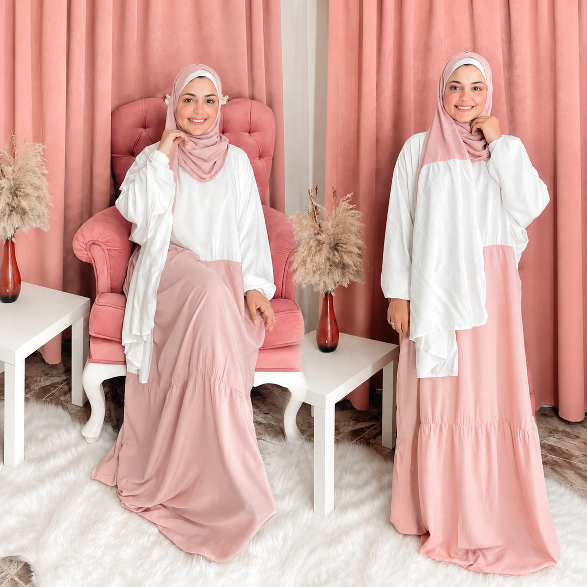 Tallah Isdal, Viscose blend, Dusty pink & white, tiered colour-block, gallery photo 1.