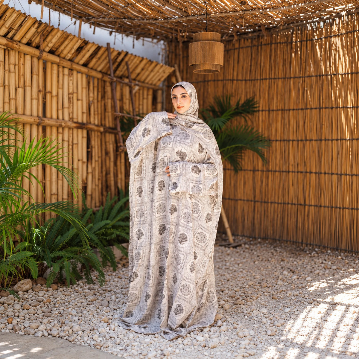 Tallah Isdal, Viscose, Cream & grey, ornamental medallion print, gallery photo 1.