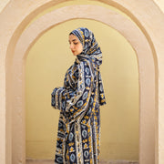 Tallah Isdal, Viscose, Navy & ochre, ornamental stripe print, gallery photo 1.