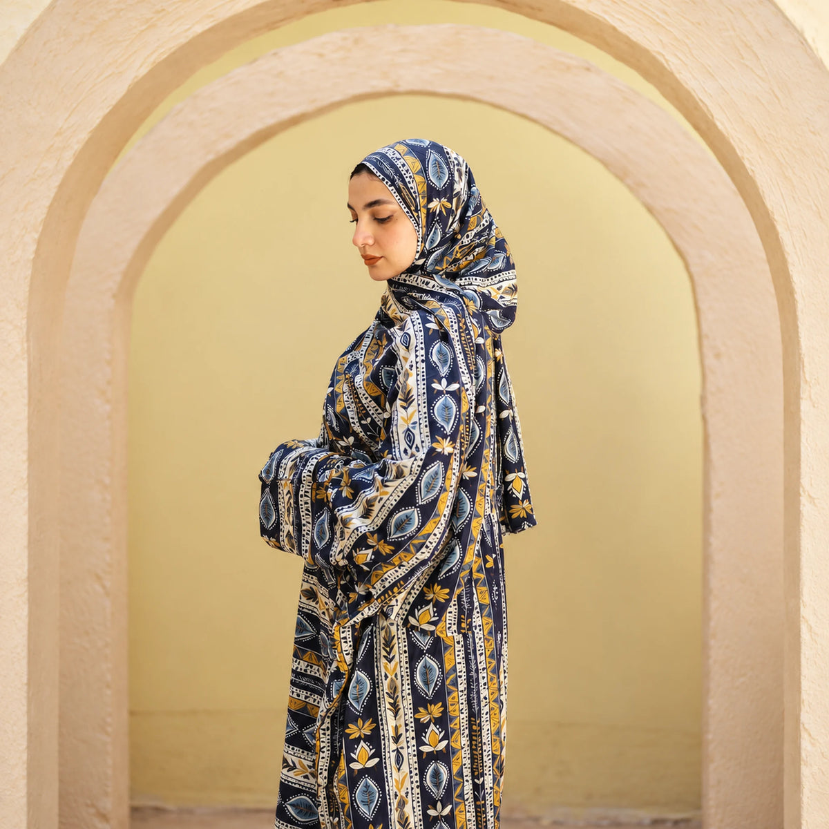 Tallah Isdal, Viscose, Navy & ochre, ornamental stripe print, gallery photo 1.