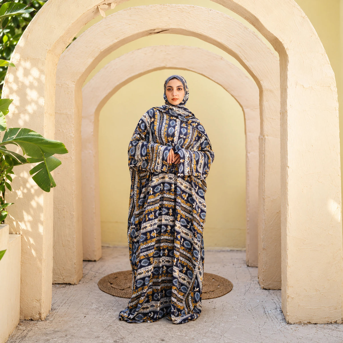 Tallah Isdal, Viscose, Navy & ochre, ornamental stripe print, gallery photo 2.