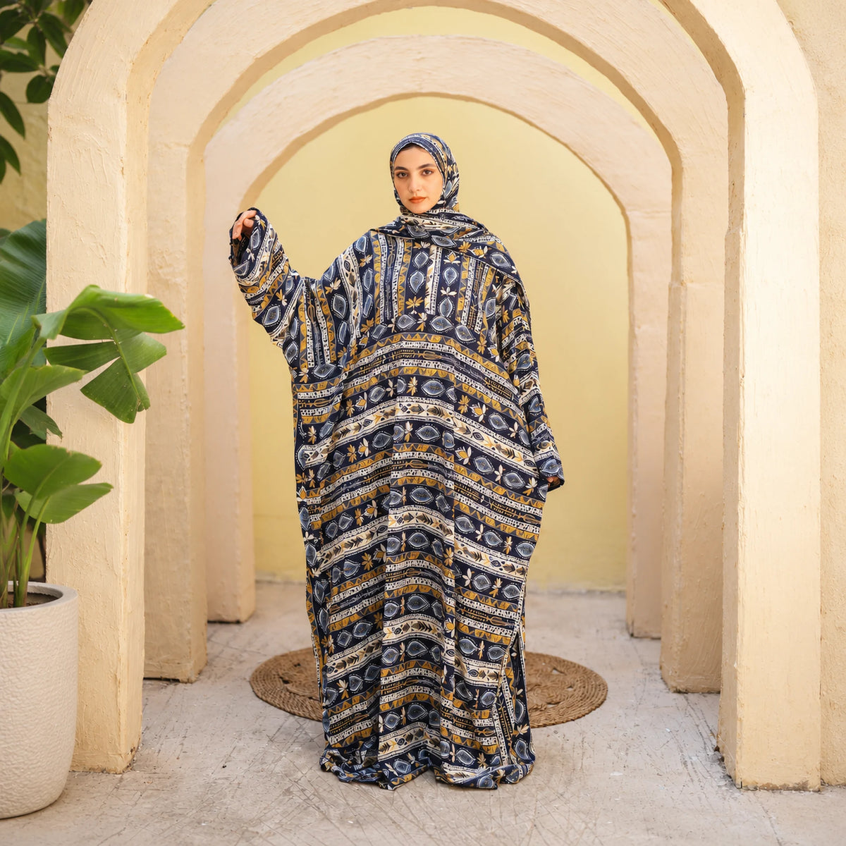 Tallah Isdal, Viscose, Navy & ochre, ornamental stripe print, gallery photo 3.