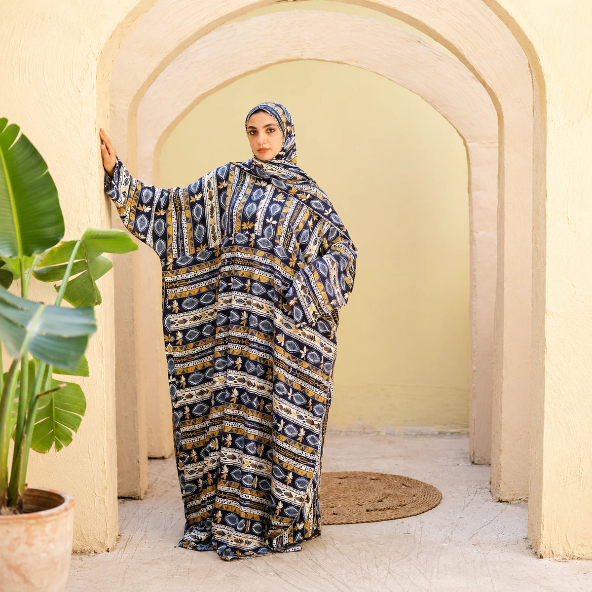 Tallah Isdal, Viscose, Navy & ochre, ornamental stripe print, gallery photo 4.