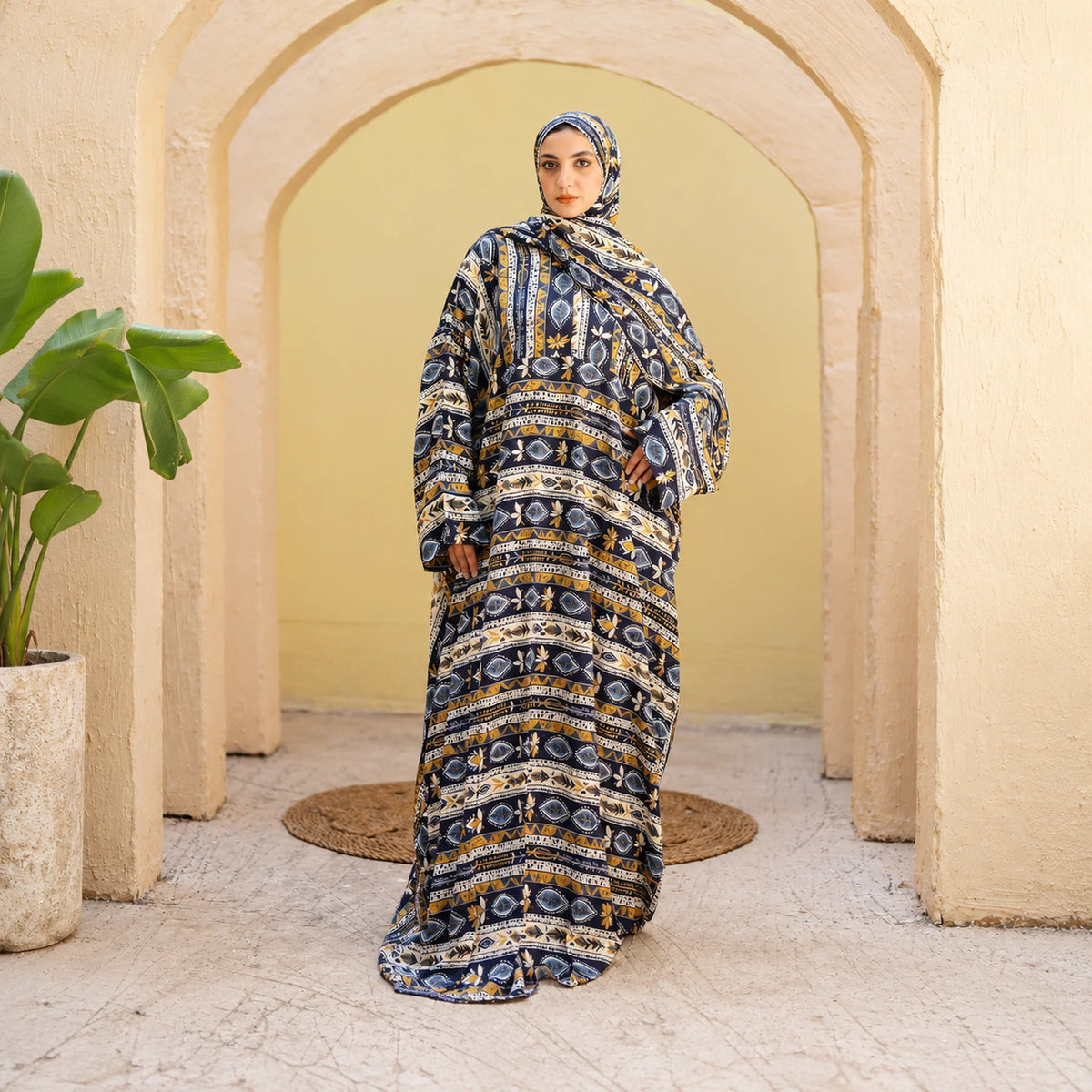 Tallah Isdal, Viscose, Navy & ochre, ornamental stripe print, gallery photo 5.