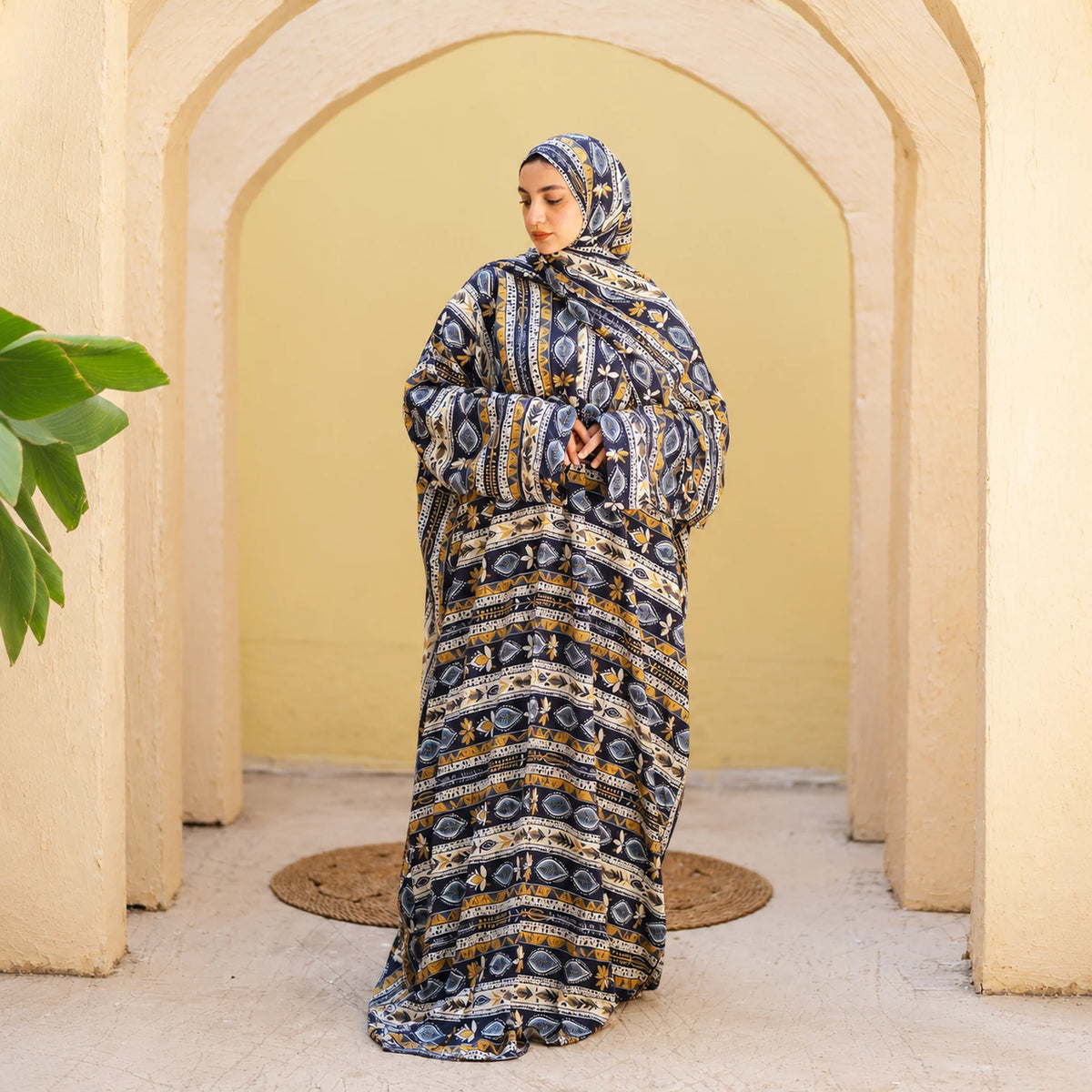 Tallah Isdal, Viscose, Navy & ochre, ornamental stripe print, gallery photo 6.