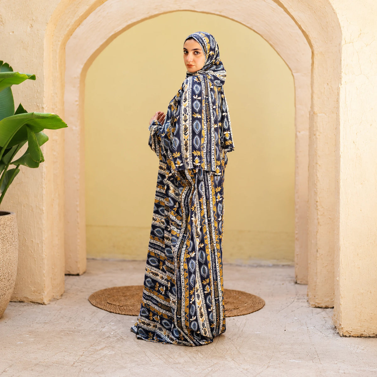 Tallah Isdal, Viscose, Navy & ochre, ornamental stripe print, gallery photo 7.