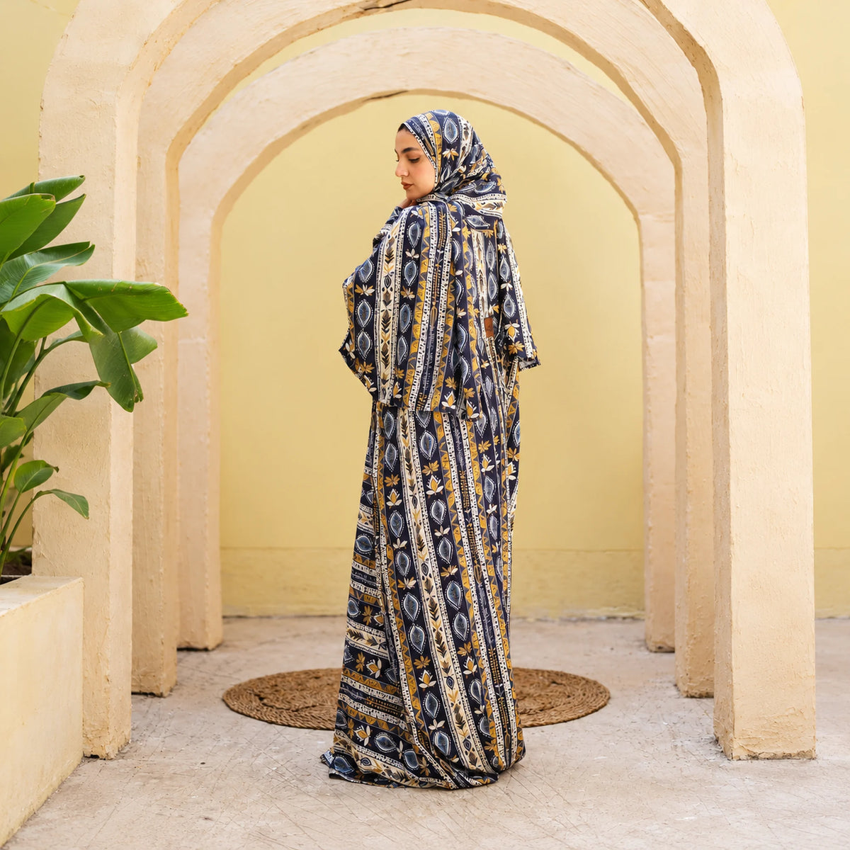 Tallah Isdal, Viscose, Navy & ochre, ornamental stripe print, gallery photo 8.