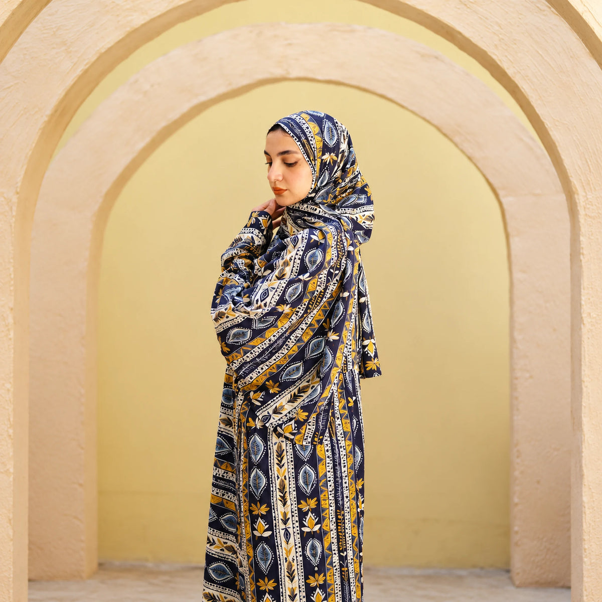 Tallah Isdal, Viscose, Navy & ochre, ornamental stripe print, gallery photo 9.
