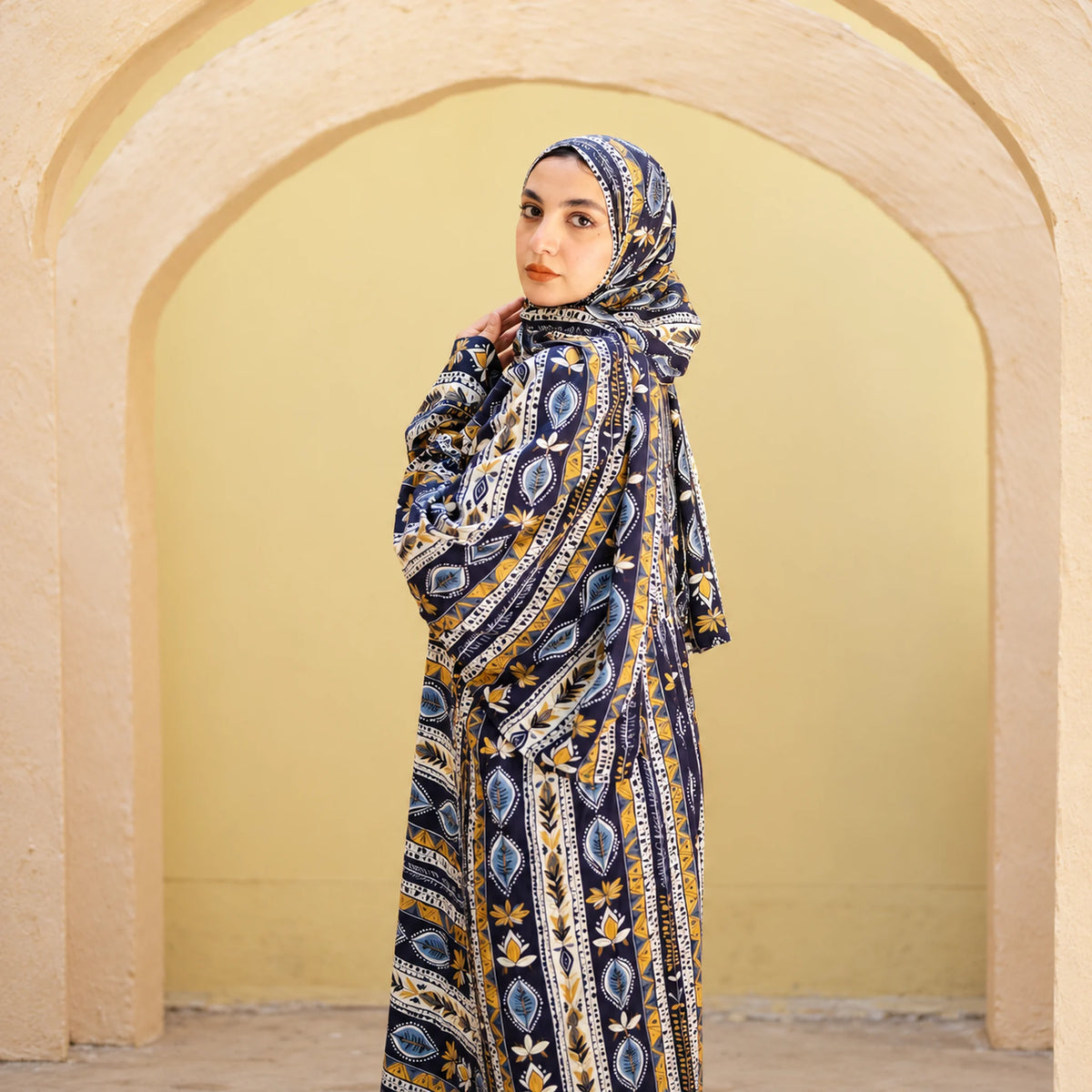 Tallah Isdal, Viscose, Navy & ochre, ornamental stripe print, gallery photo 10.