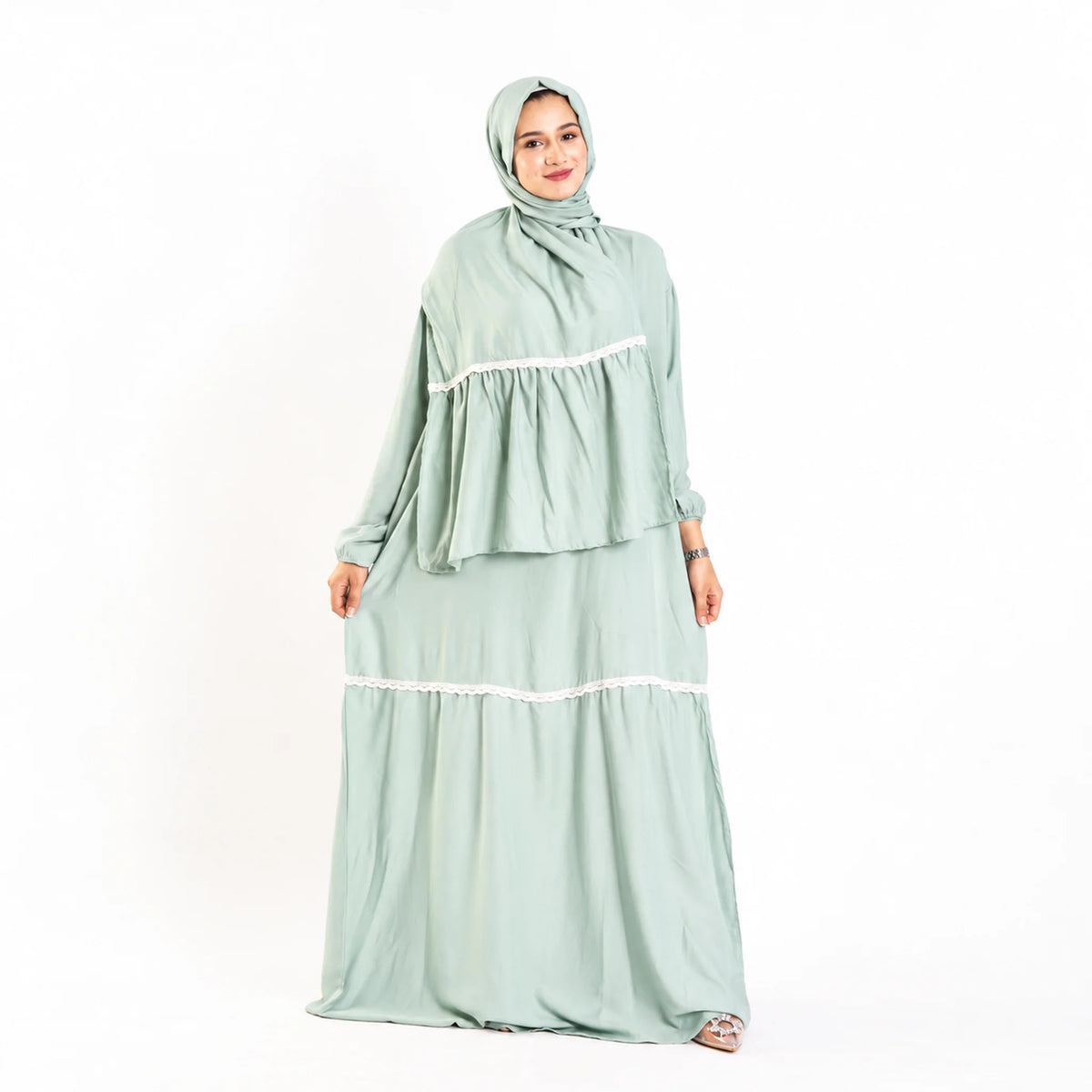 Tallah Isdal, Viscose, Pale mint, white tiered trim, gallery photo 1.