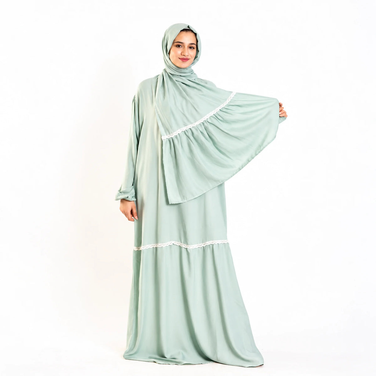 Tallah Isdal, Viscose, Pale mint, white tiered trim, gallery photo 2.