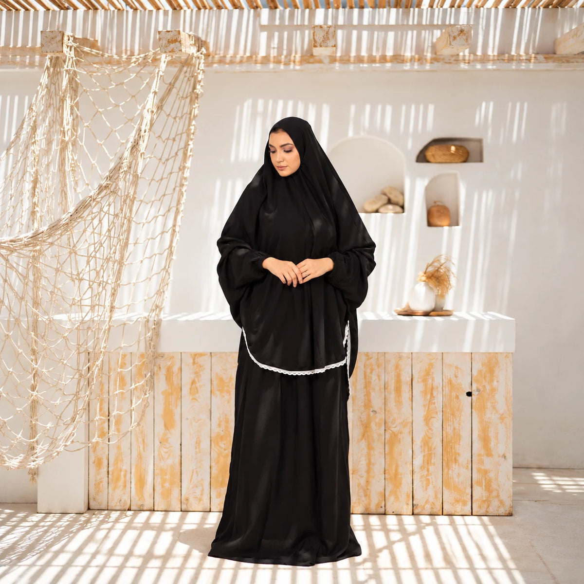 Tallah Khimar & Jibah — Viscose — Black, white trim, gallery photo 1