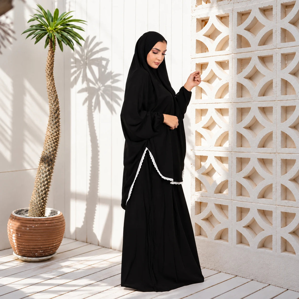 Tallah Khimar & Jibah — Viscose — Black, white trim, gallery photo 2