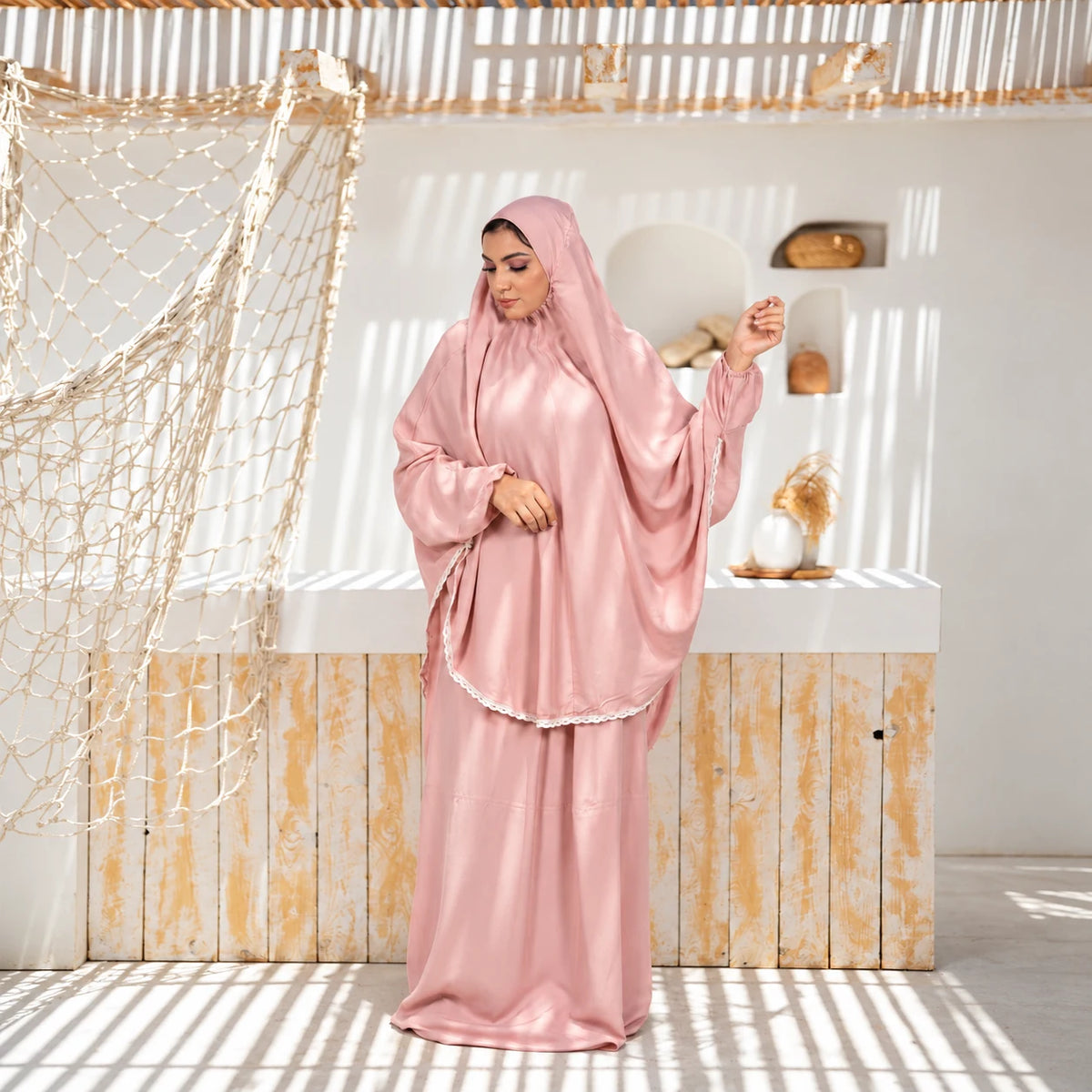 Tallah Khimar & Jibah — Viscose — Blush pink, white trim, gallery photo 1
