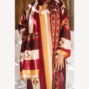 Tallah satin Isdal in burgundy mustard cream striped, close-up of patterned satin bodice, sleeve and hand.