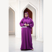 Purple satin Isdal with white lace cuffs and scarf trim, full-length front view against white arches.